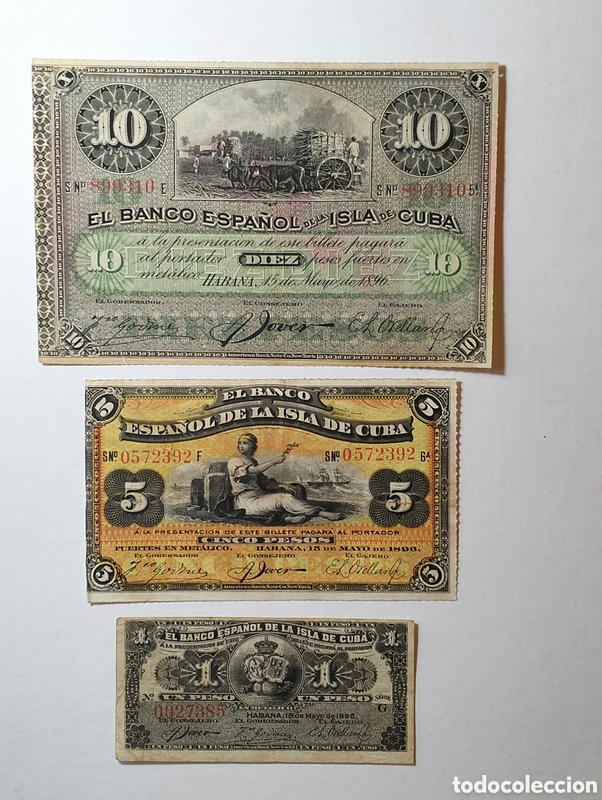Notas espanholas: Billetes Banco Espa&ntilde;a emitidos por el Banco de Espa&ntilde;a de la Isla de Cuba fechados el 15 Mayo 1896