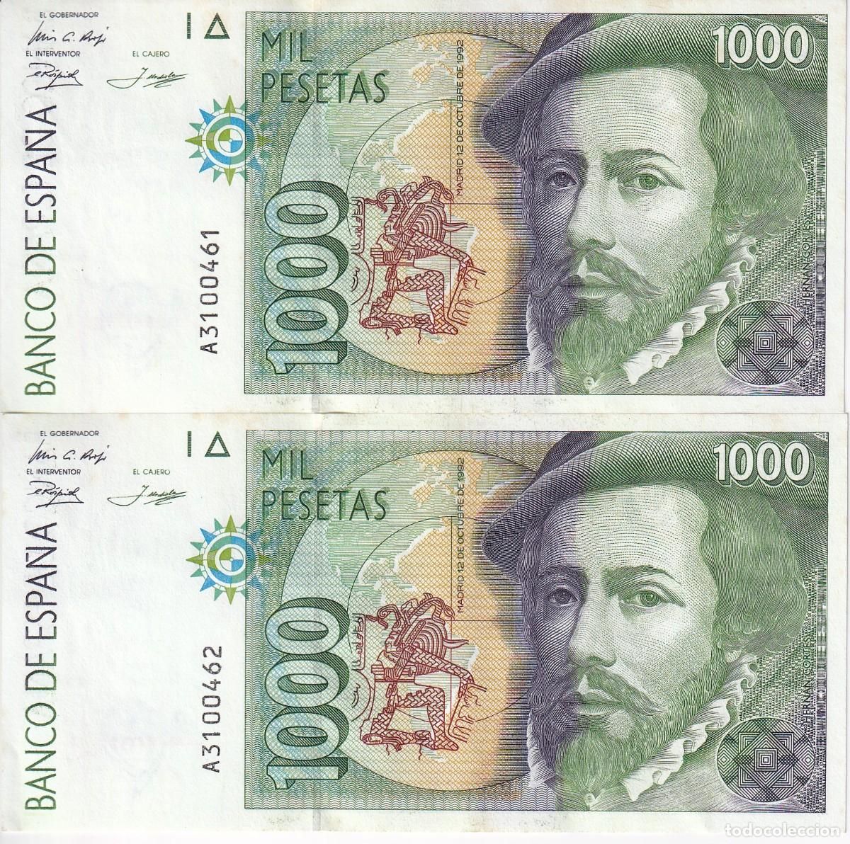 Notas espanholas: PAREJA CORRELATIVA DE 1000 PESETAS DEL A&Ntilde;O 1992 DE HERNAN CORTES SERIE A CALIDAD EBC