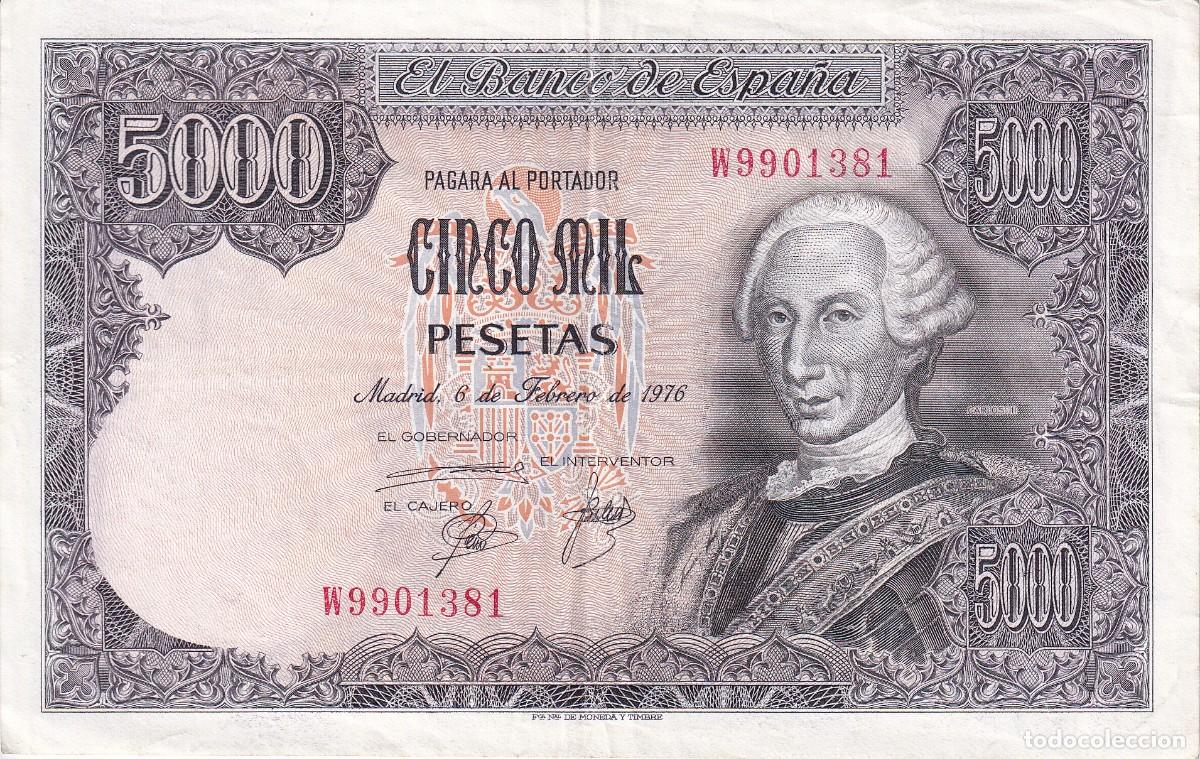 Spanische Banknoten: BILLETE DE ESPA&Ntilde;A DE 5000 PESETAS DEL A&Ntilde;O 1976 CARLOS III SERIE W EN BUENA CALIDAD