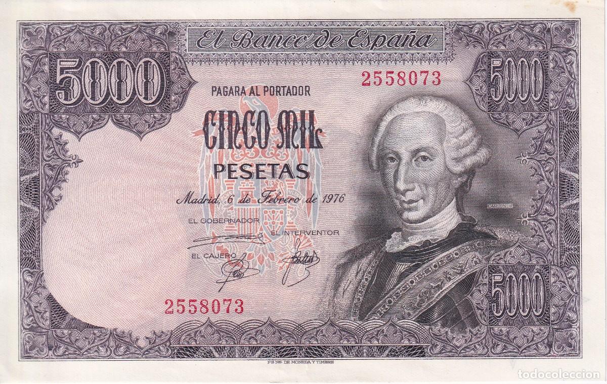 Spanische Banknoten: BILLETE DE ESPA&Ntilde;A DE 5000 PESETAS DEL A&Ntilde;O 1976 CARLOS III SIN SERIE EN BUENA CALIDAD