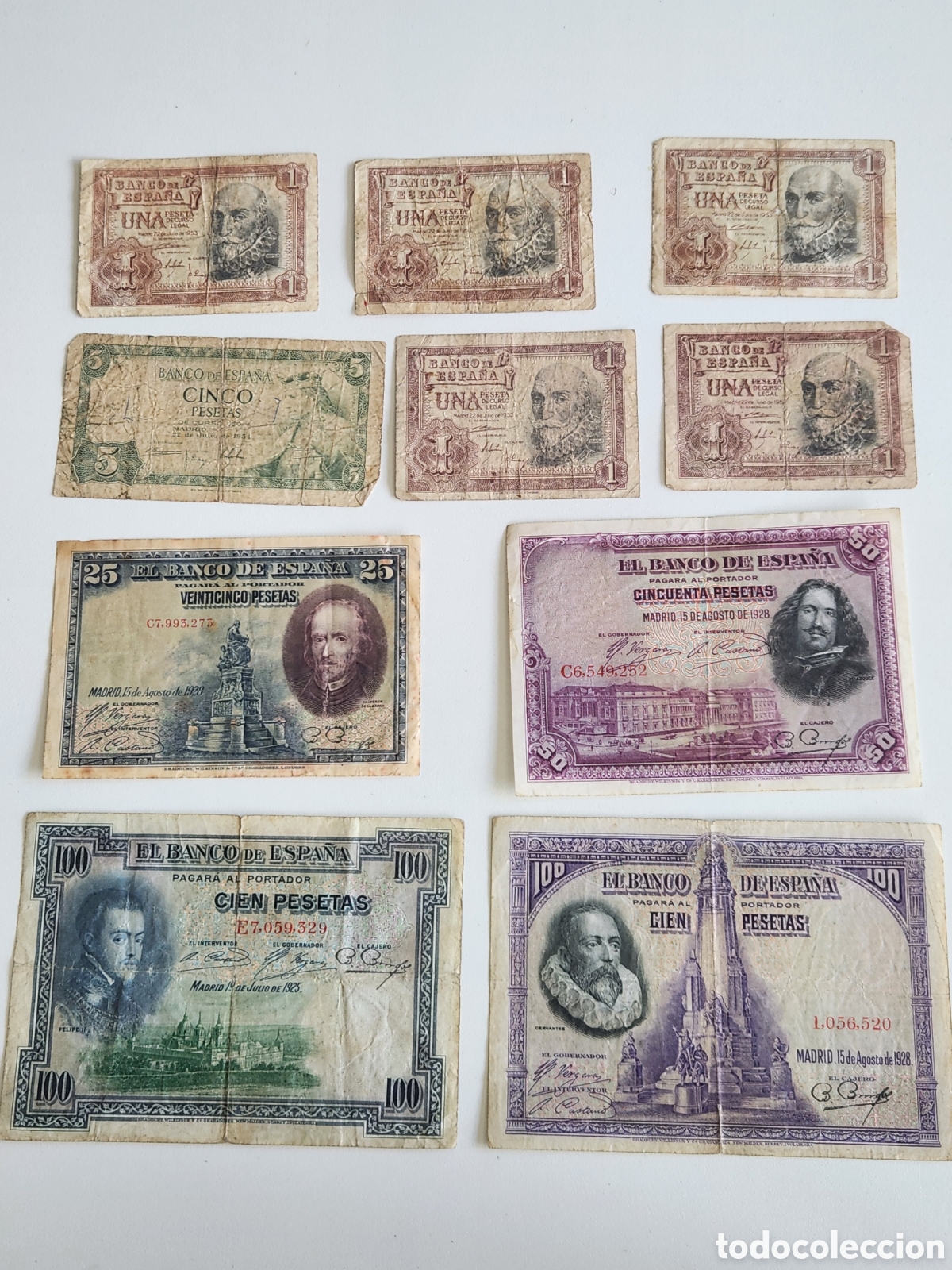 Billets espagnols: Lote 10 Billetes Banco de Espa&ntilde;a (1925 - 1954) - Cervantes, Vel&aacute;zquez, Felipe II