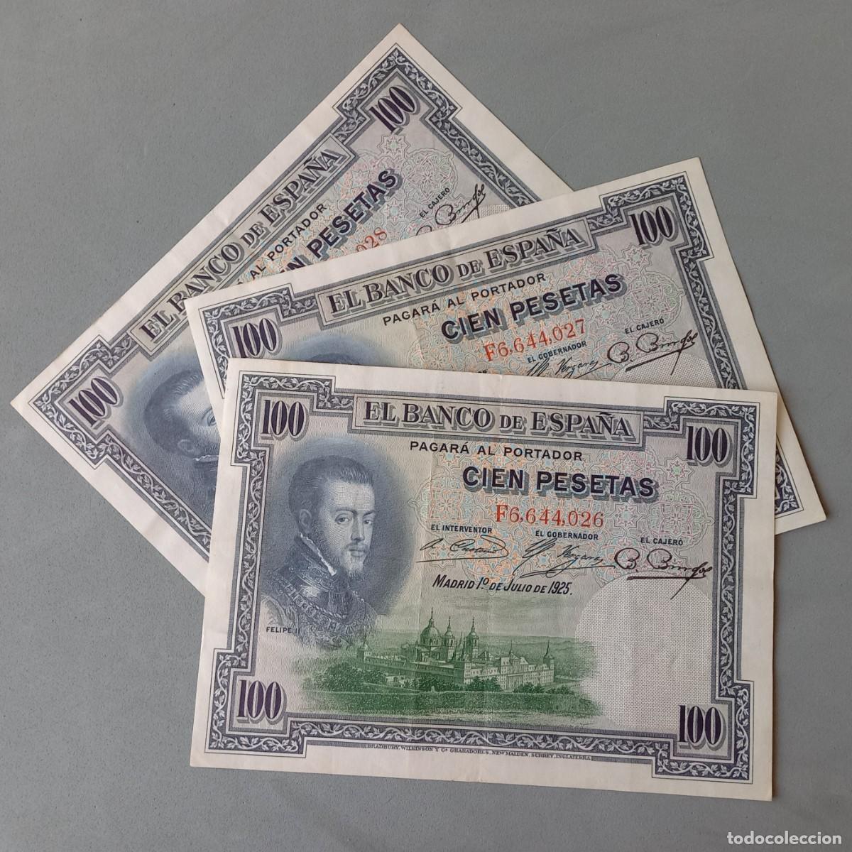 Billets espagnols: Lote de 3 billetes correlativos de Espa&ntilde;a. 100 pesetas 1925. Felipe II, El Escorial. F6644026 a 028
