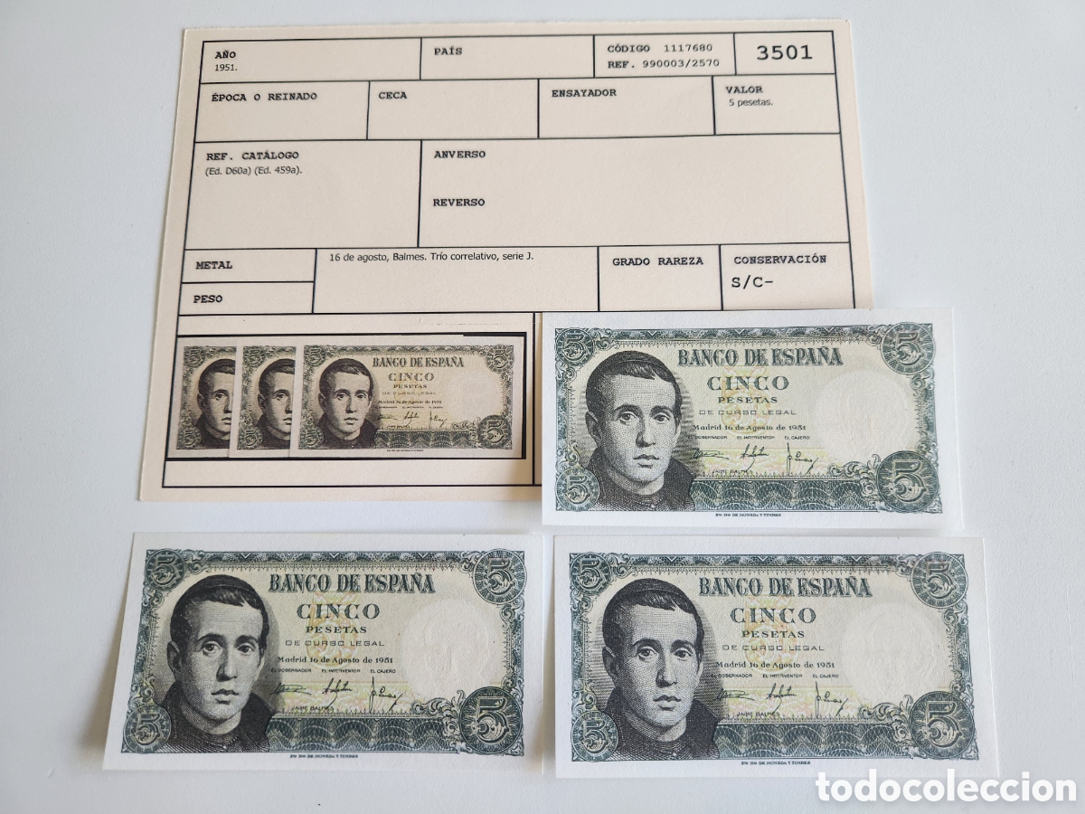Billets espagnols: Tr&iacute;o Correlativo 5 Pesetas 1951 (Jaime Balmes) - Serie J (J7082361 a J7082363) - Sin Circular (S/C-)