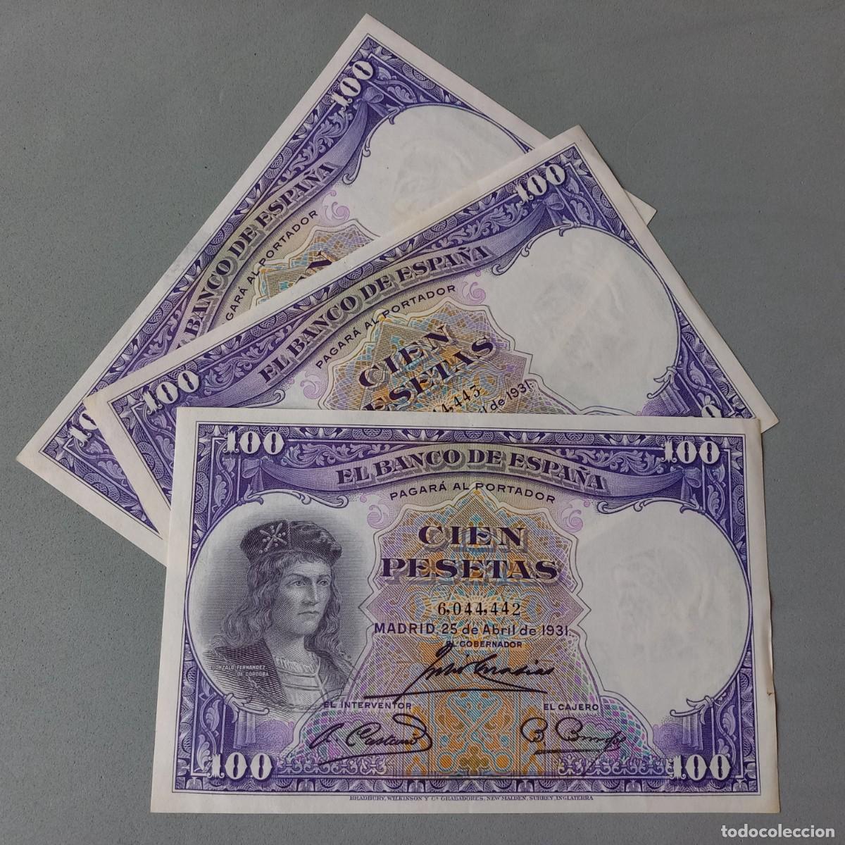 Billets espagnols: Lote de 3 billetes correlativos de Espa&ntilde;a. 100 pesetas 1931. Gonz&aacute;lo Fern&aacute;ndez C&oacute;rdoba 6044442 A 444