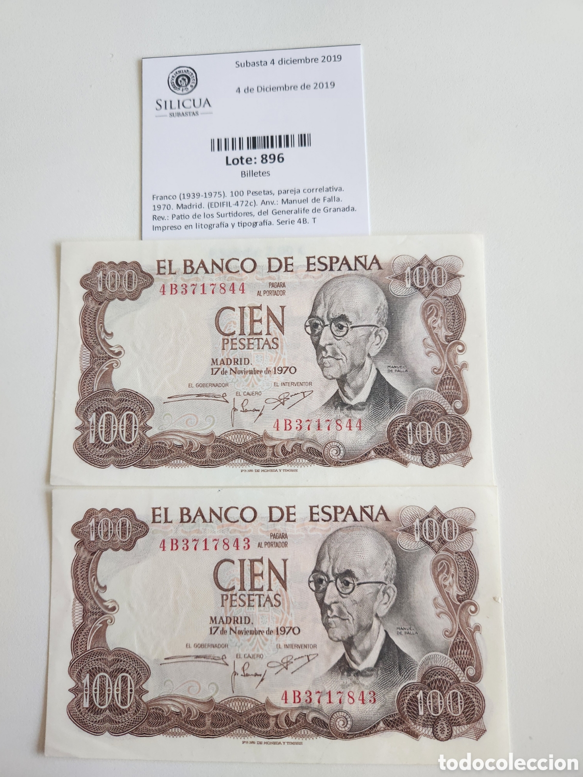 Billetes espa&ntilde;oles: Pareja Correlativa 100 Pesetas 17 Noviembre 1970 - Manuel de Falla - Serie 4B (Edifil 472c)