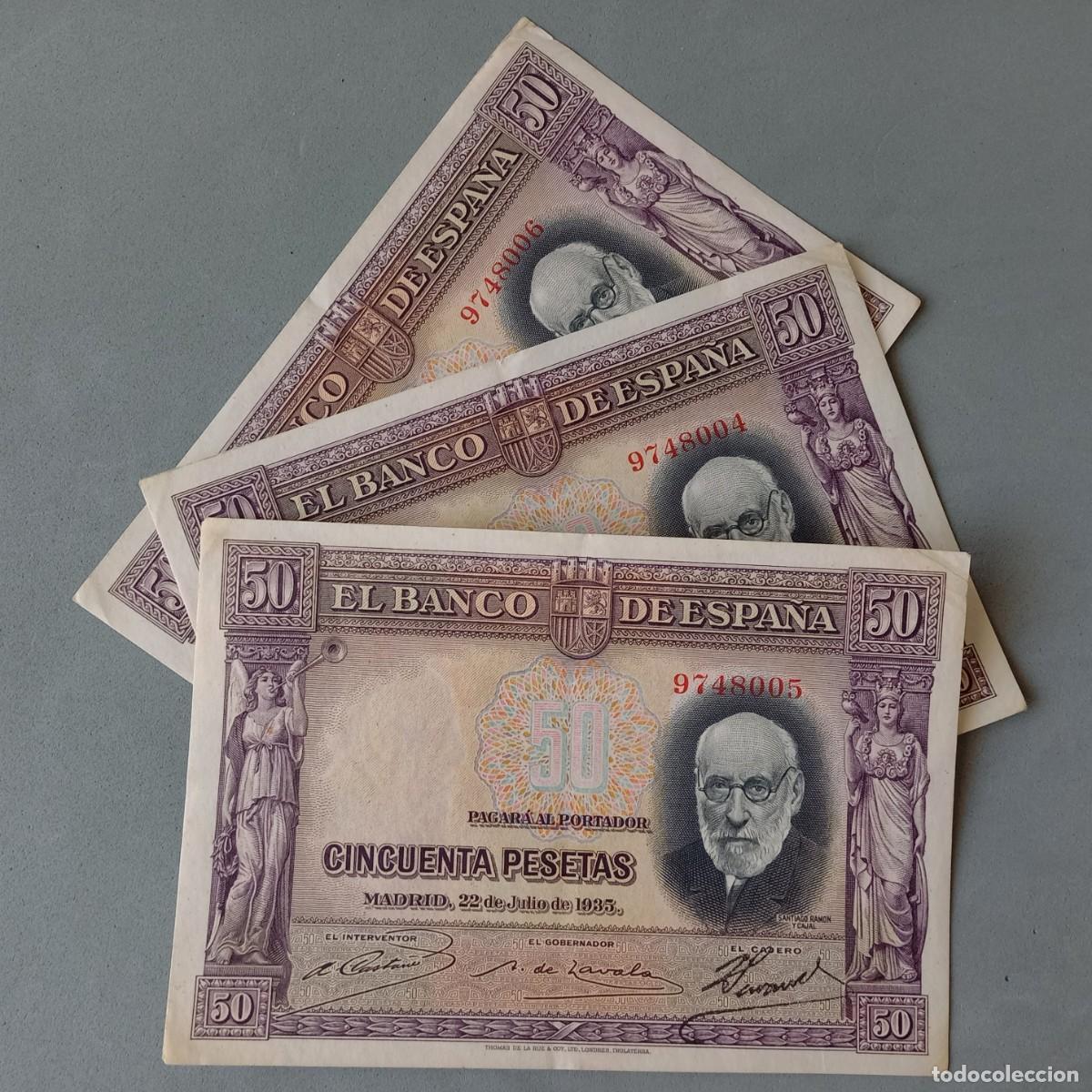 Billetes espa&ntilde;oles: Lote de 3 billetes correlativos de Espa&ntilde;a. 50 pesetas 1935. Santiago Ram&oacute;n y Cajal, 9748004 a 006