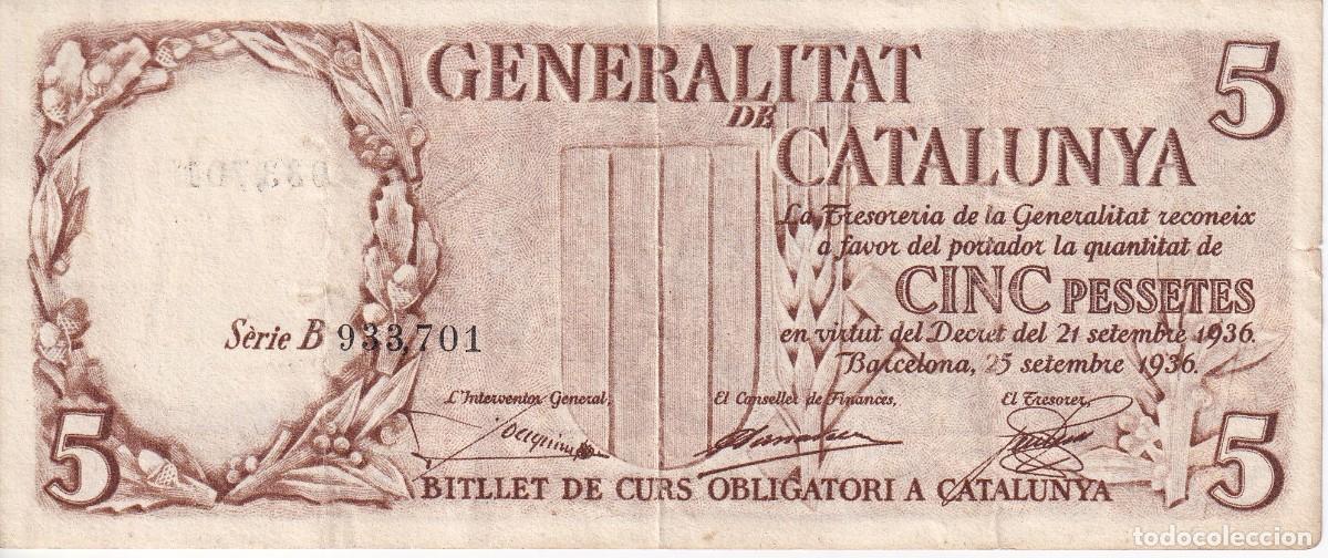 Billetes espa&ntilde;oles: BILLETE DE 5 PESETAS DE LA GENERALITAT DE CATALUNYA DEL A&Ntilde;O 1936 SERIE B