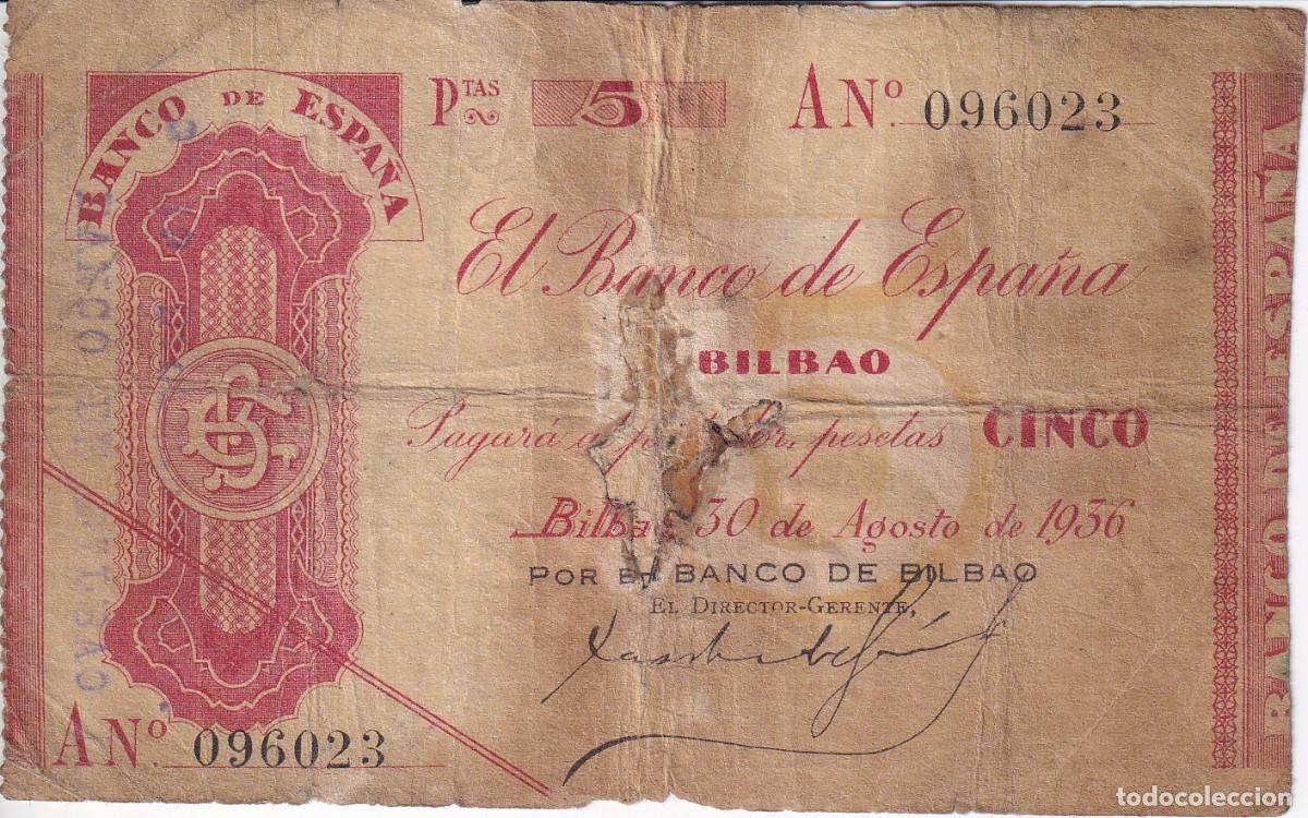 Billetes espa&ntilde;oles: BILLETE DE 5 PESETAS DEL BANCO DE ESPA&Ntilde;A-BILBAO DEL A&Ntilde;O 1936 (BANCO DE BILBAO)