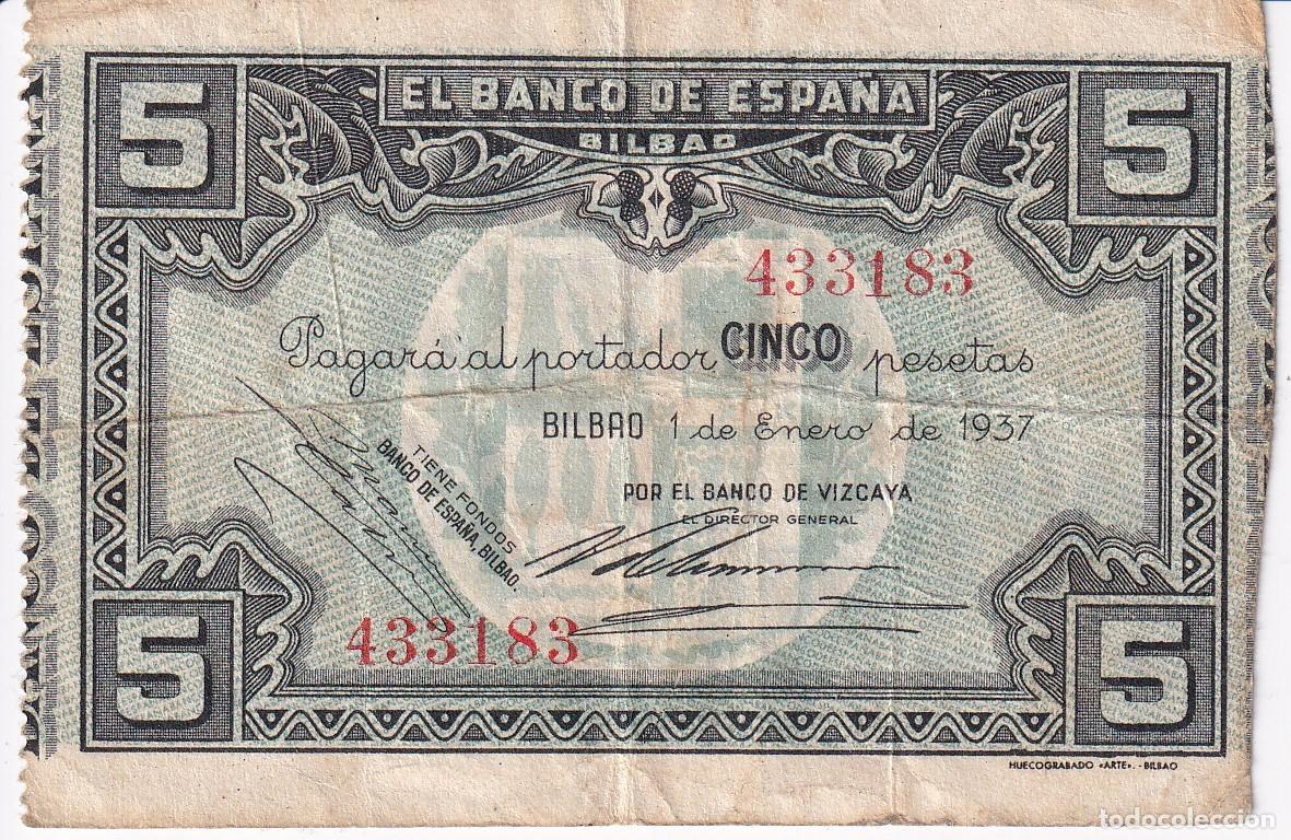 Billetes espa&ntilde;oles: BILLETE DE 5 PESETAS DEL BANCO DE ESPA&Ntilde;A-BILBAO DEL A&Ntilde;O 1937 (BANCO DE VIZCAYA)