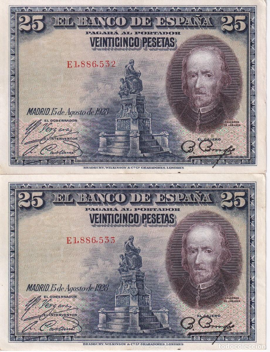 Billetes espa&ntilde;oles: PAREJA CORRELATIVA DE 25 PESETAS DEL A&Ntilde;O 1928 DE LA SERIE E EN CALIDAD EBC