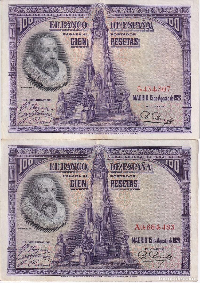 Billetes espa&ntilde;oles: SERIE COMPLETA DE 2 BILLETES DE 100 PESETAS DEL A&Ntilde;O 1928 SIN SERIE Y SERIE A (CERVANTES)