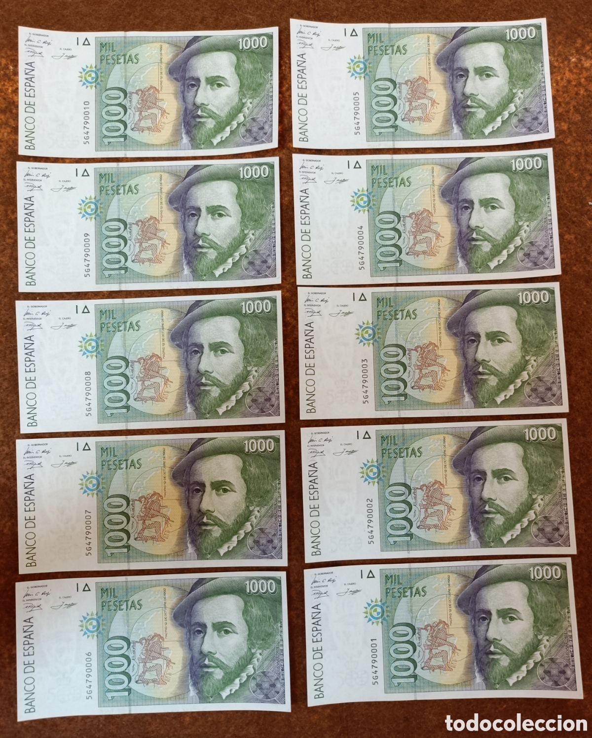 Billetes espa&ntilde;oles: LOTE 10 BILLETES CORRELATIVOS 1000 PESETAS A&Ntilde;O 1992 SERIE 5G.