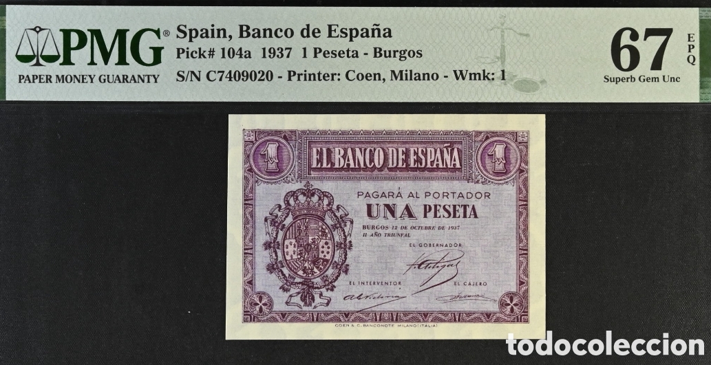 Billetes espa&ntilde;oles: Billete 1 PESETA 1937 -BURGOS- PMG 67 EPQ, serie C, top pop