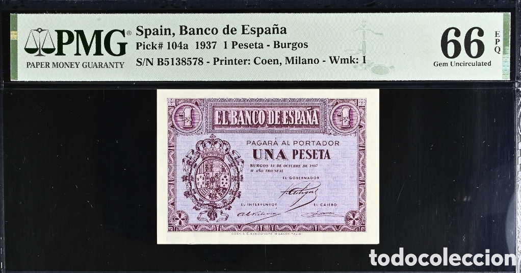 Billetes espa&ntilde;oles: Billete 1 PESETA 1937 -BURGOS- PMG 66 EPQ, serie B