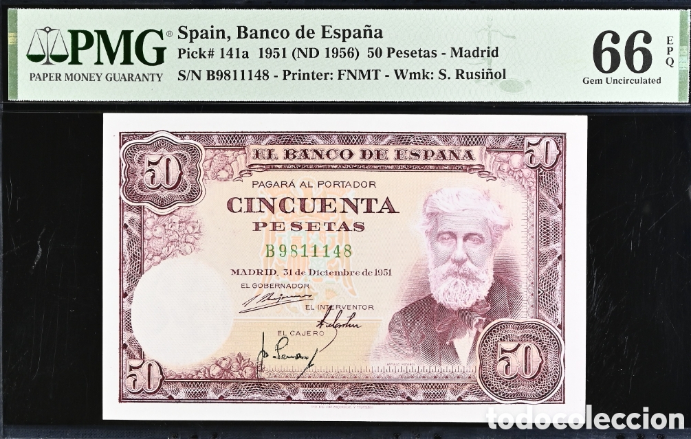 Billetes espa&ntilde;oles: Billete 50 PESETAS 1951-RUSI&Ntilde;OL- PMG 66 EPQ, serie B