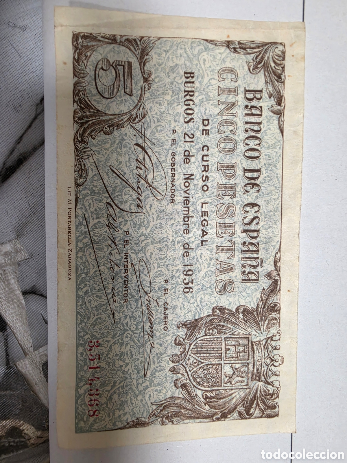 Billetes espa&ntilde;oles: : Billete 5 Pesetas 1936 Burgos - Banco de Espa&ntilde;a - Serie 3.514.368 - Original G. Civil