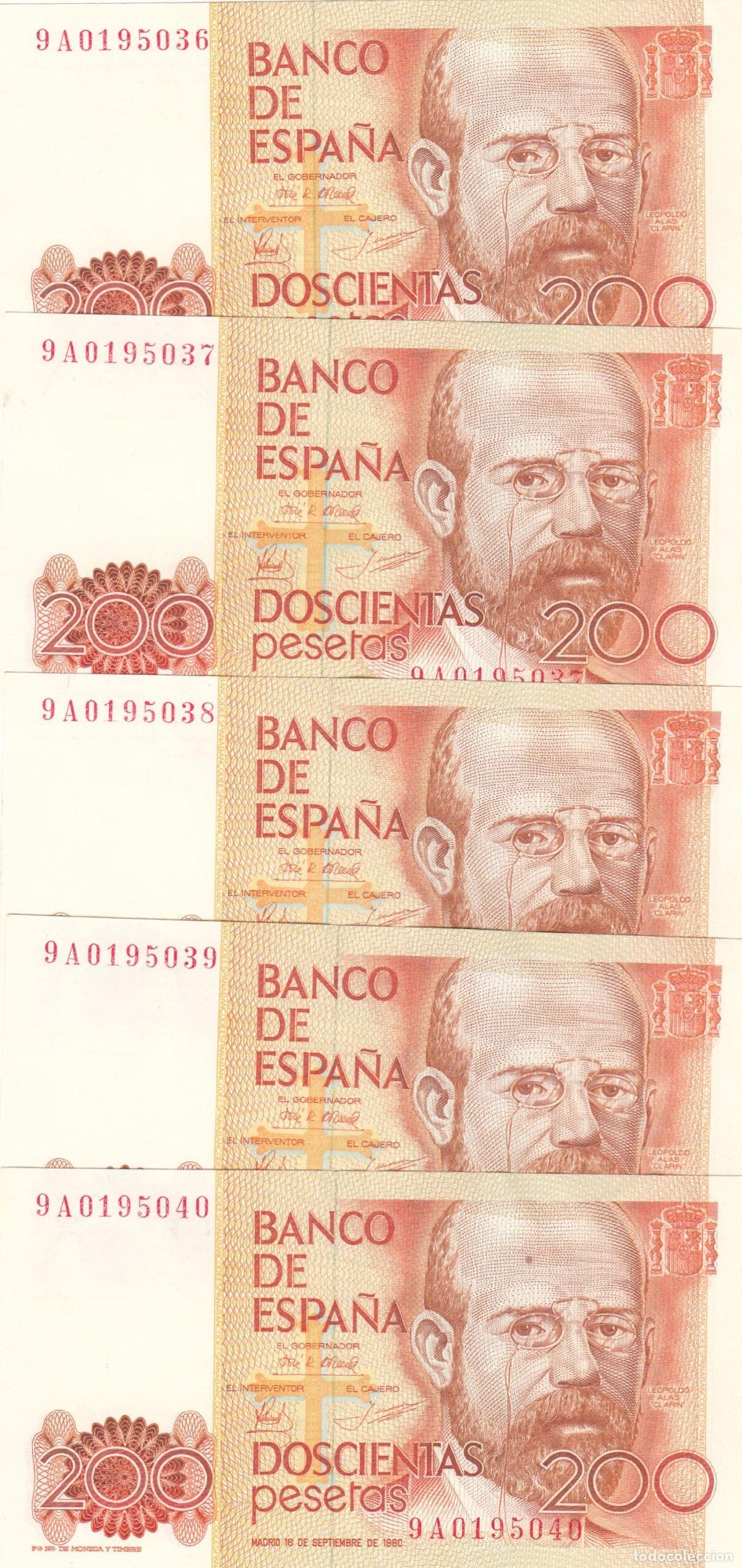 Billetes espa&ntilde;oles: CRBS0571 5 BILLETES CORRELATIVOS ESPA&Ntilde;A 200 PESETAS 1980 SERIA 9A RARA ONDULACION CENTRAL SIN