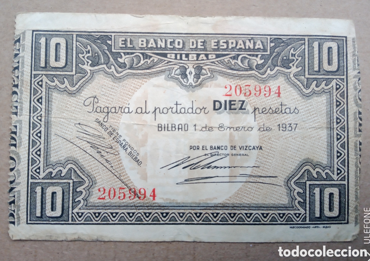 Billetes espa&ntilde;oles: 10 Pesetas 1937 - Banco de Espa&ntilde;a - Bilbao 205994 - Rc