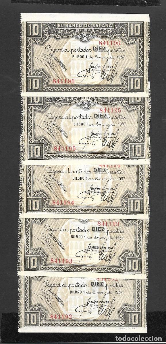 Billetes espa&ntilde;oles: 5 BILLETES CORRELATIVOS 10 PESETAS 1937 BILBAO S/C