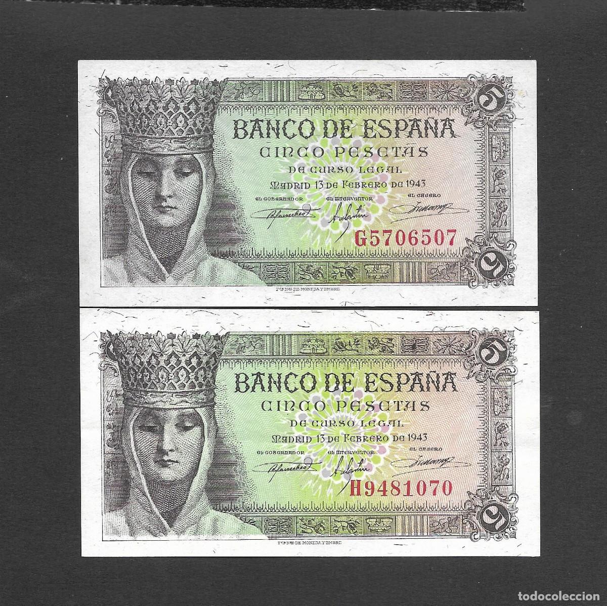Billetes espa&ntilde;oles: 2 BILLETES 5 PESETAS 1943 SERIES G-H EBC+/ S/C-