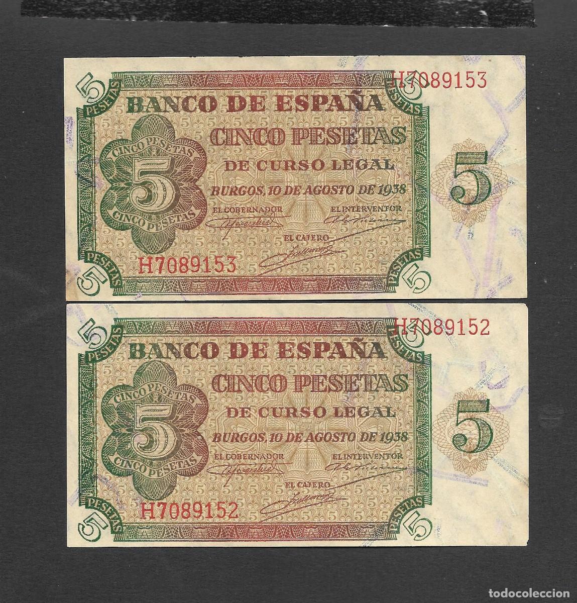 Billetes espa&ntilde;oles: PAREJA CORRELATIVA 5 PESETAS 1938 SERIE H S/C-