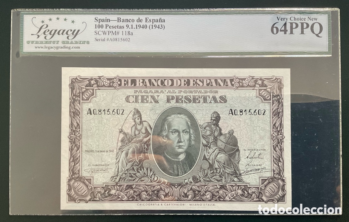 Billetes espa&ntilde;oles: Billete 100 Pesetas 1940 Legacy 64 EPQ Serie A