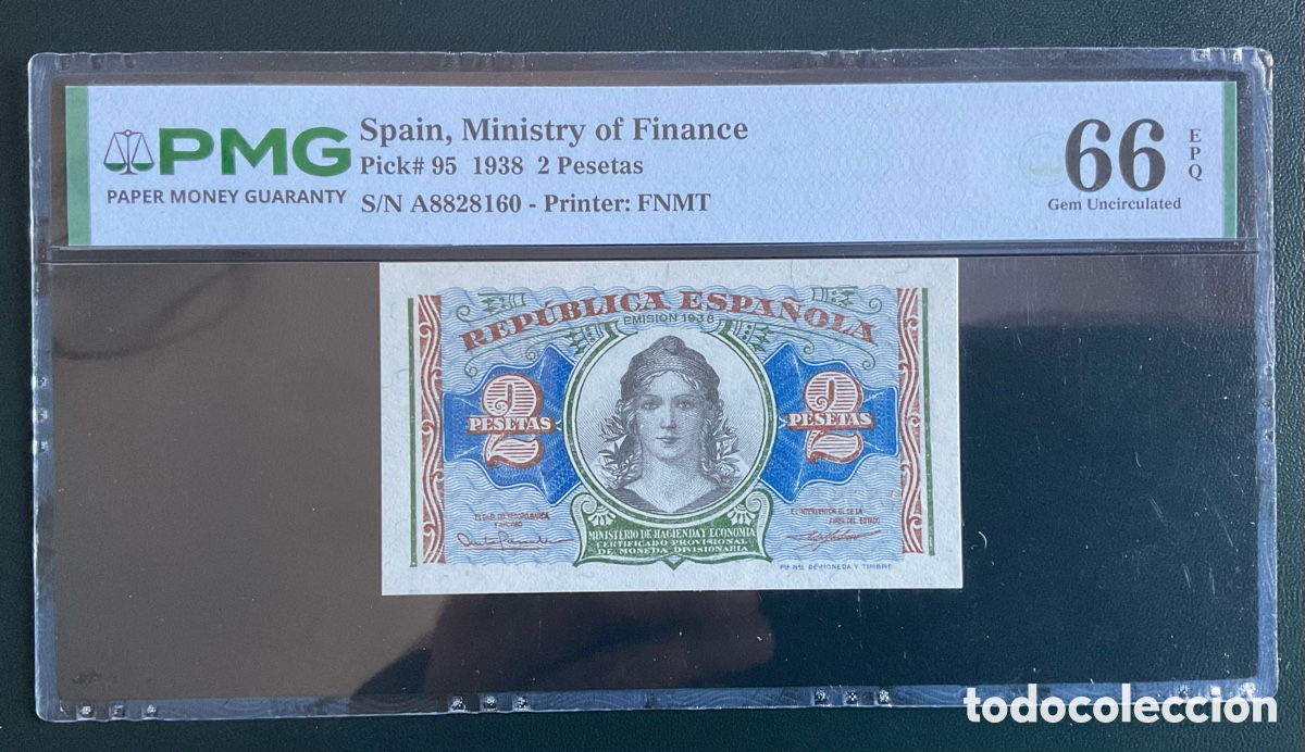Billetes espa&ntilde;oles: Billete 2 Pesetas 1938 PMG 66 Serie A