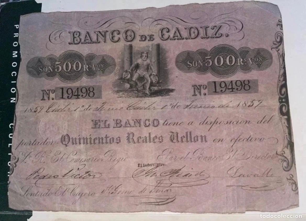 Billetes espa&ntilde;oles: Billete 500 reales de Vell&oacute;n Banco de Cadiz