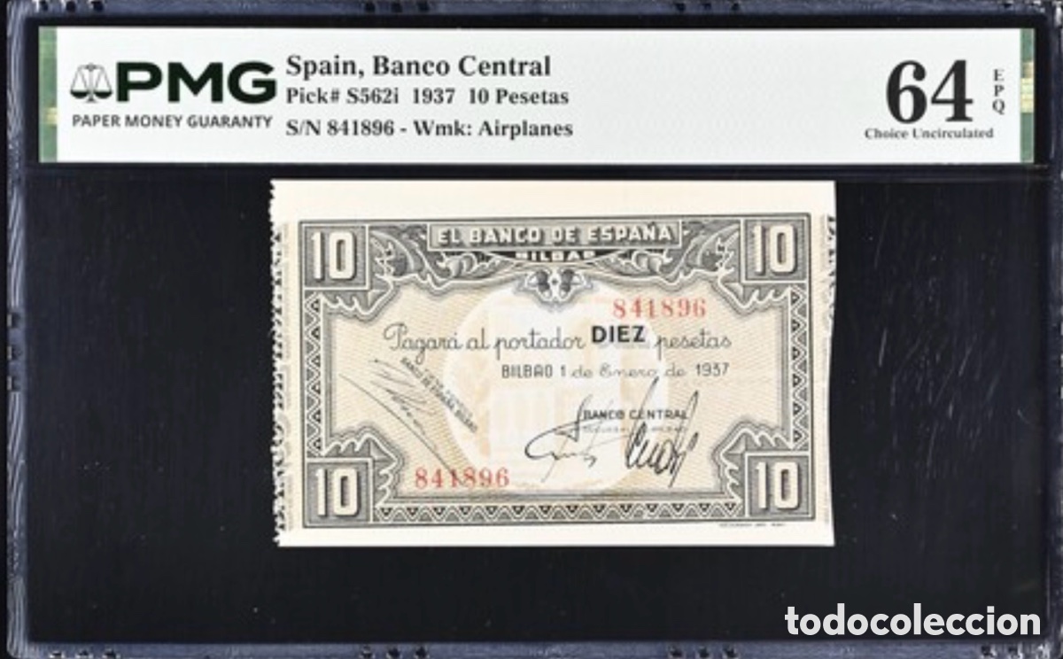 Billetes espa&ntilde;oles: Billete 10 Pesetas 1937 PMG 64 EPQ
