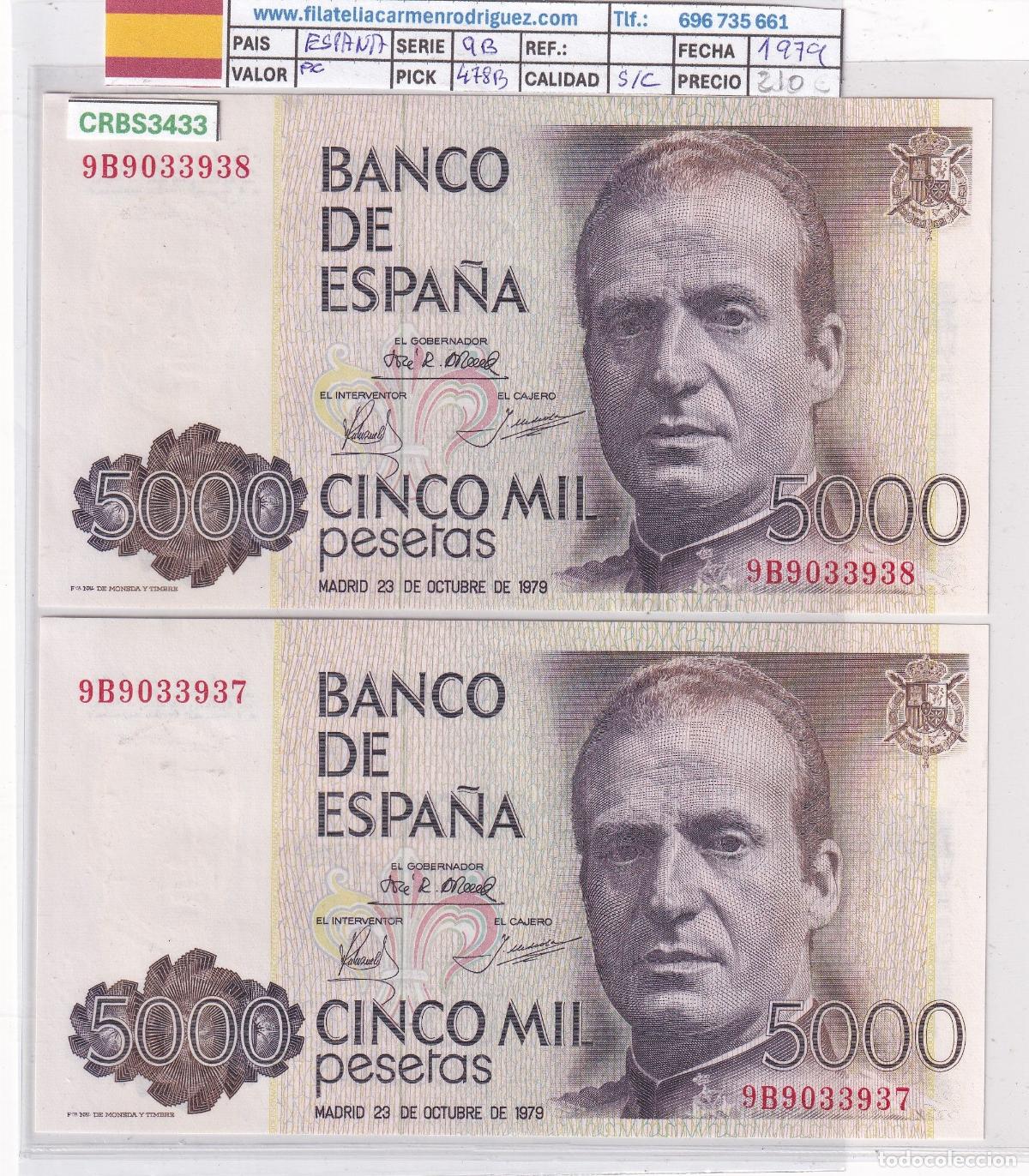 Billetes espa&ntilde;oles: CRBS3433 PAREJA CORRELATIVA BILLETES ESPA&Ntilde;A 5000 PESETAS 1979 SERIE 9B SIN CIRCULAR
