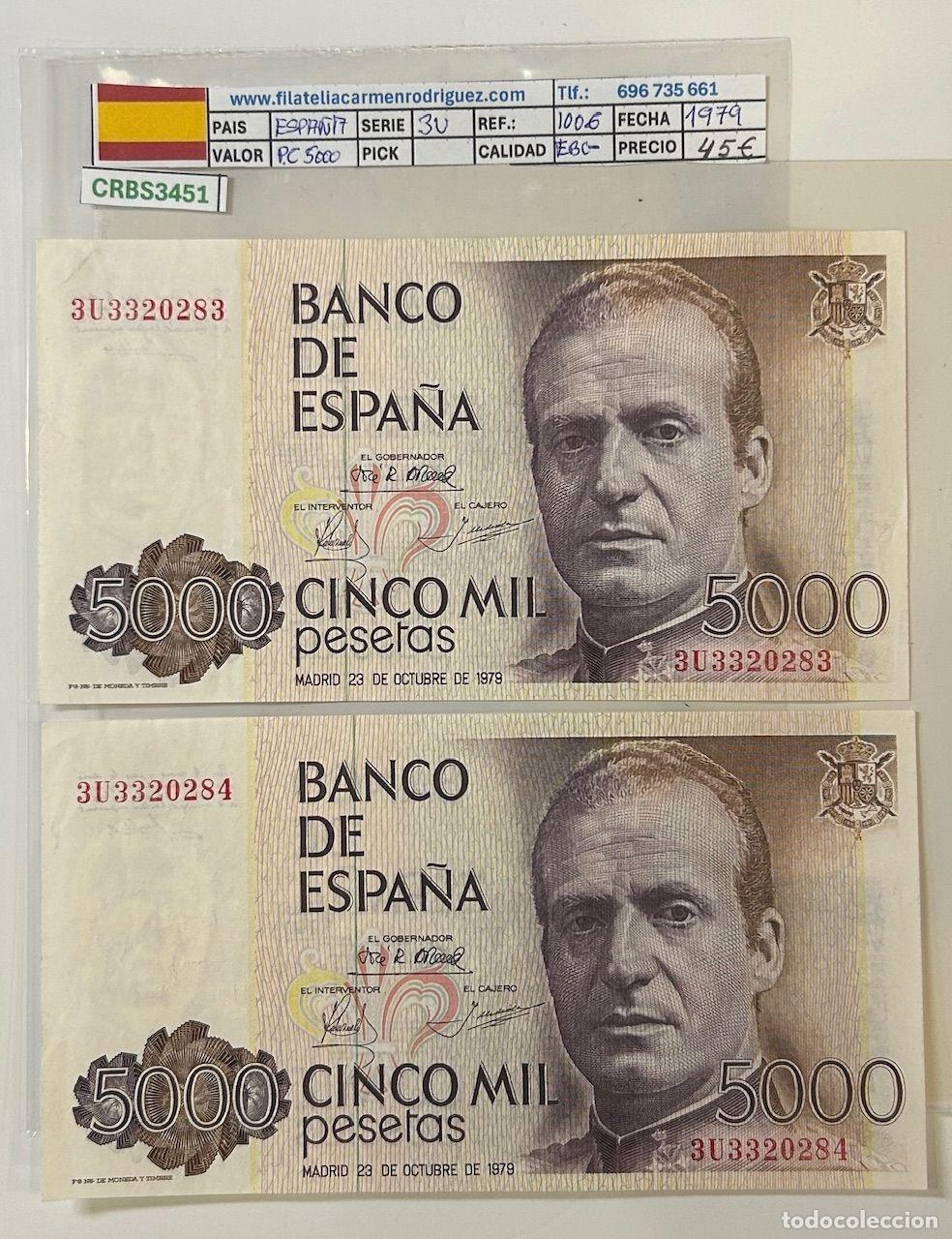 Billetes espa&ntilde;oles: CRBS3451 PAREJA CORRELATIVA BILLETE ESPA&Ntilde;A 5000 PESETAS 1979 SERIE EU EBC-
