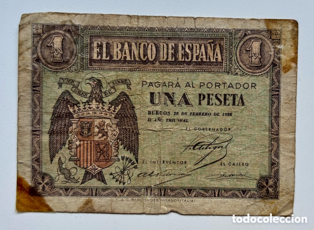 Billetes espa&ntilde;oles: Billete 1 Peseta 1938 Febrero