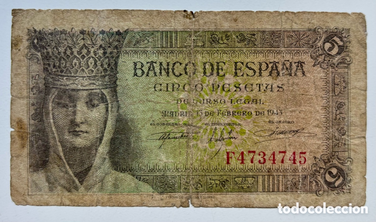 Billetes espa&ntilde;oles: Billete 5 Pesetas 1943. Isabel la Cat&oacute;lica
