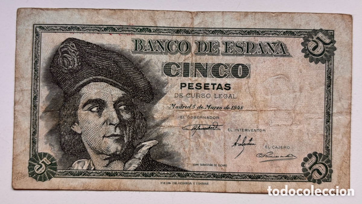 Billetes espa&ntilde;oles: Billete 5 Pesetas 1948