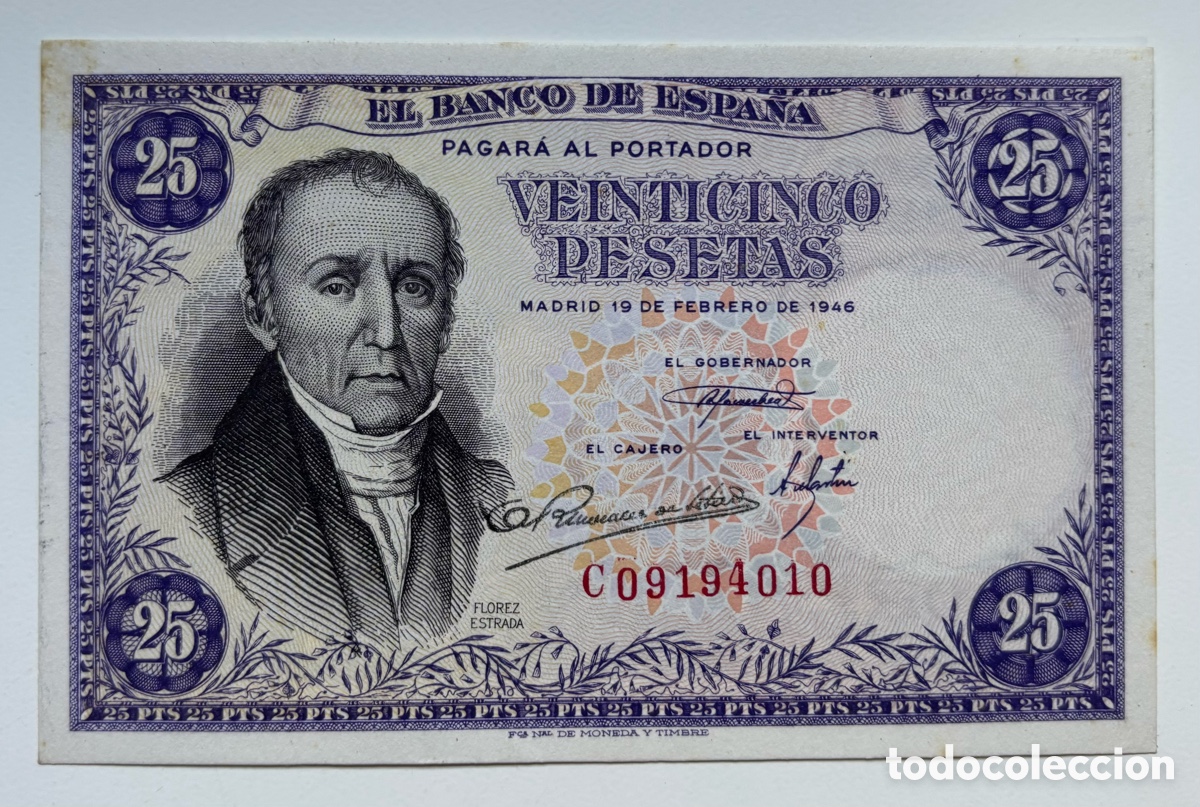 Billetes espa&ntilde;oles: Billete 25 Pesetas 1946 EBC+. Fl&oacute;rez Estrada
