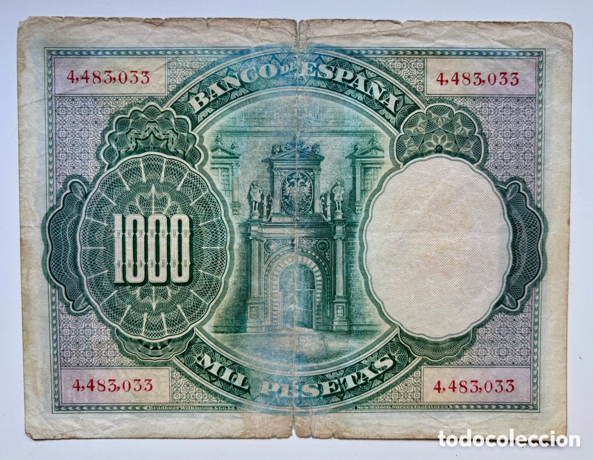 Billetes espa&ntilde;oles: Billete 1000 Pesetas 1925. Rep&uacute;blica - Foto 2