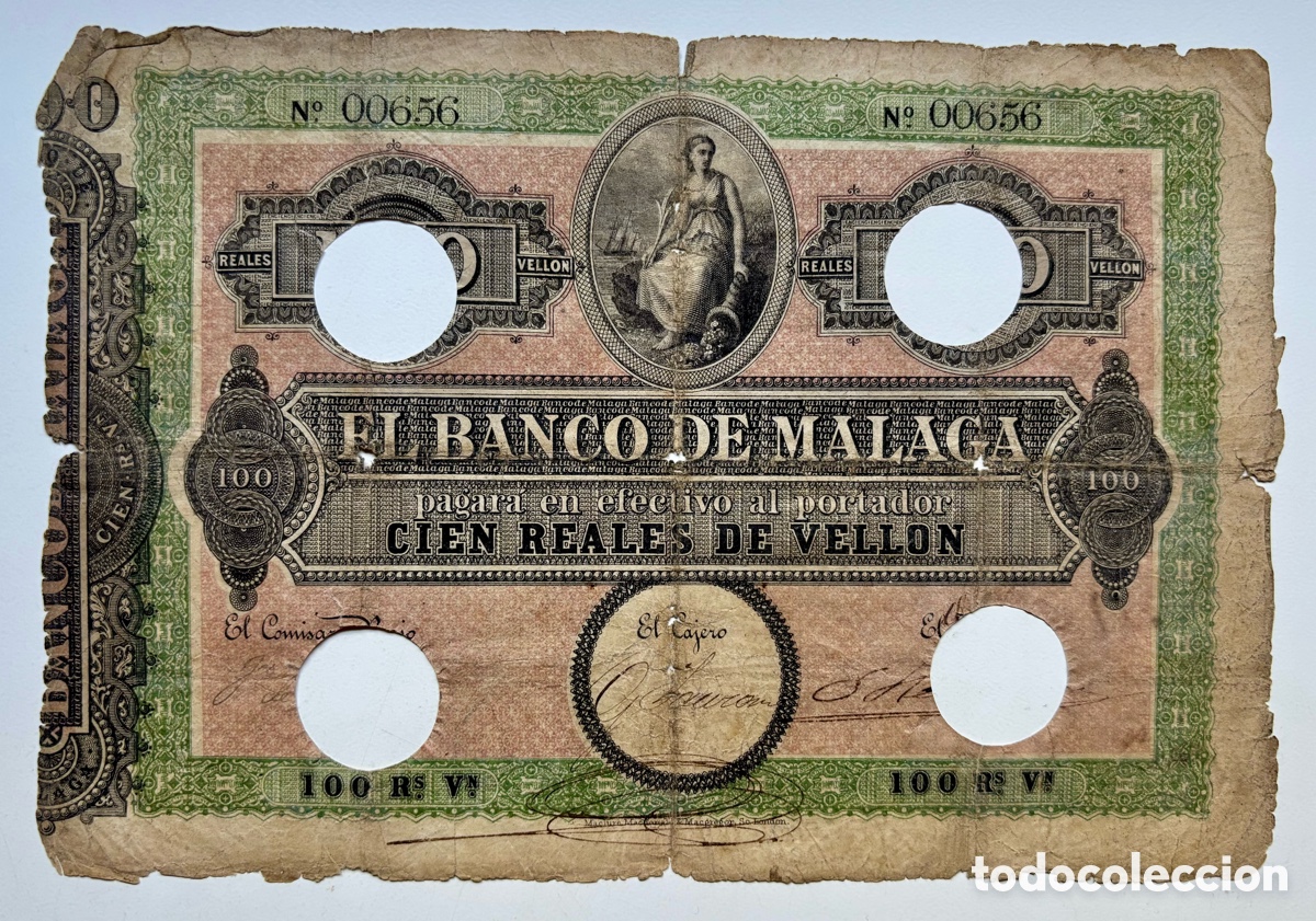 Billetes espa&ntilde;oles: Billete BANCO M&Aacute;LAGA 100 Reales Vellon (1856) 2* Emisi&oacute;n