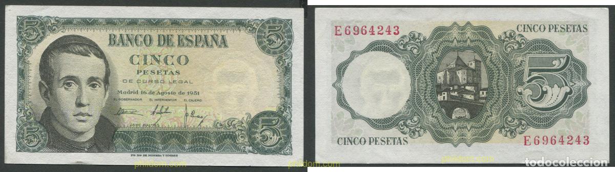Billetes espa&ntilde;oles: 362 ESPA&Ntilde;A 1951 5 Pesetas 16 de agosto 1951 - JAIME BALMES