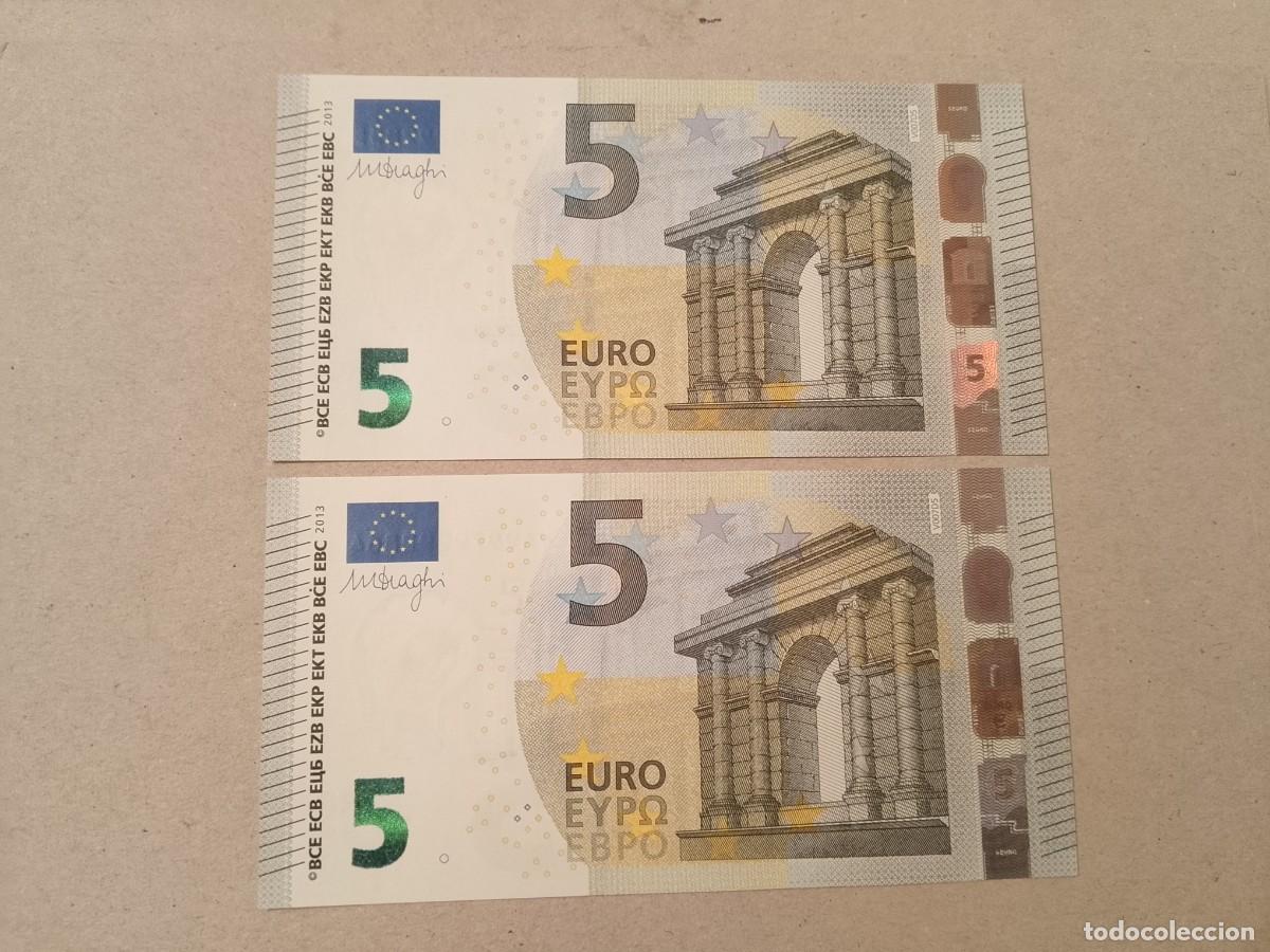 Billetes espa&ntilde;oles: Pareja correlativa, 5 euros 3 firma, Draghi plancha V007, VA de Espa&ntilde;a, sc/plancha