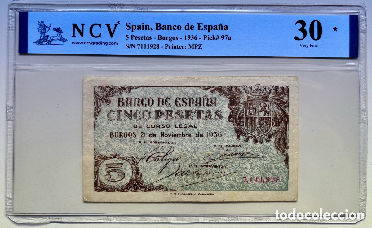Billetes espa&ntilde;oles: Billete 5 Pesetas 1936 Burgos . Certificado NCV 30.