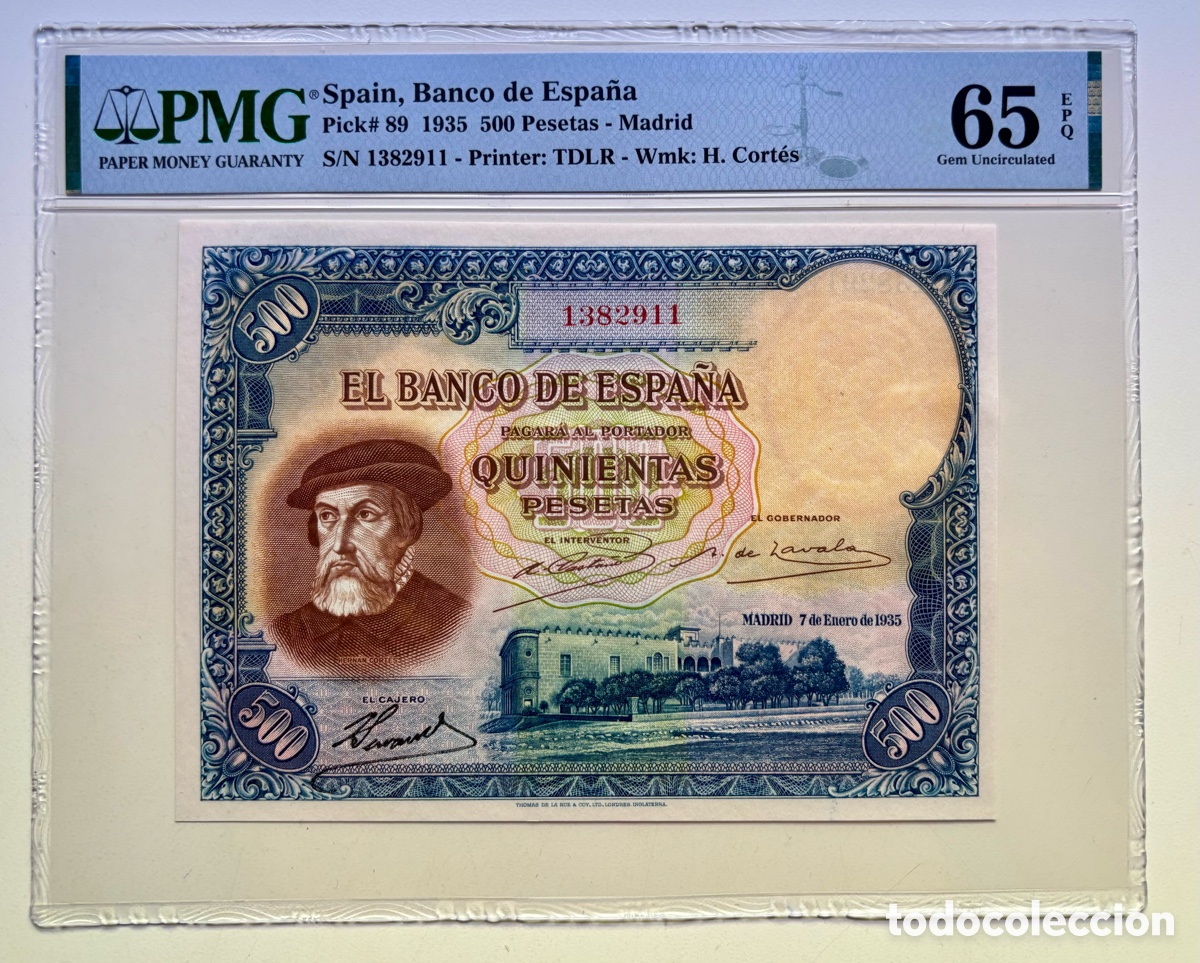 Billetes espa&ntilde;oles: Billete 500 Pesetas 1935 Hernan Cortes. Rep&uacute;blica . Certificado PMG 65 EPQ