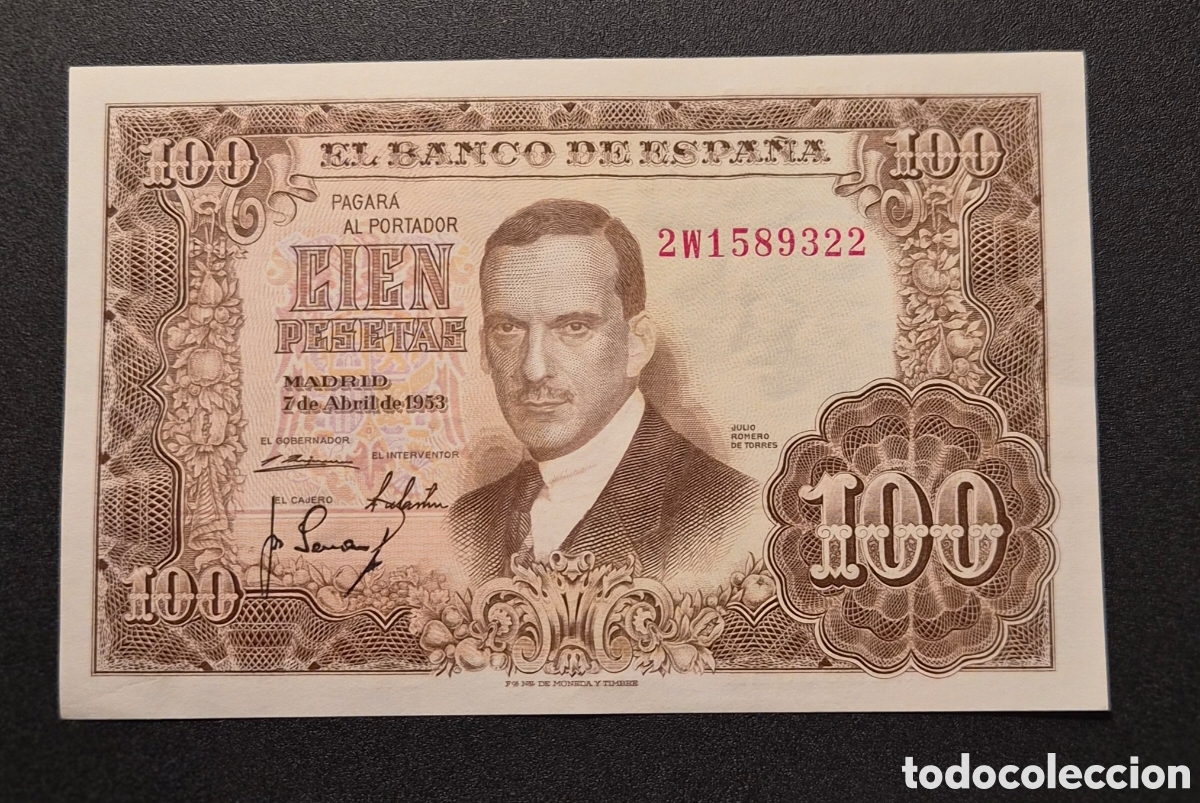 Billetes espa&ntilde;oles: 100 pesetas 1953 Julio Romero de Torres &ndash; serie 2W &ndash; la fuensanta &ndash; banco de espa&ntilde;a