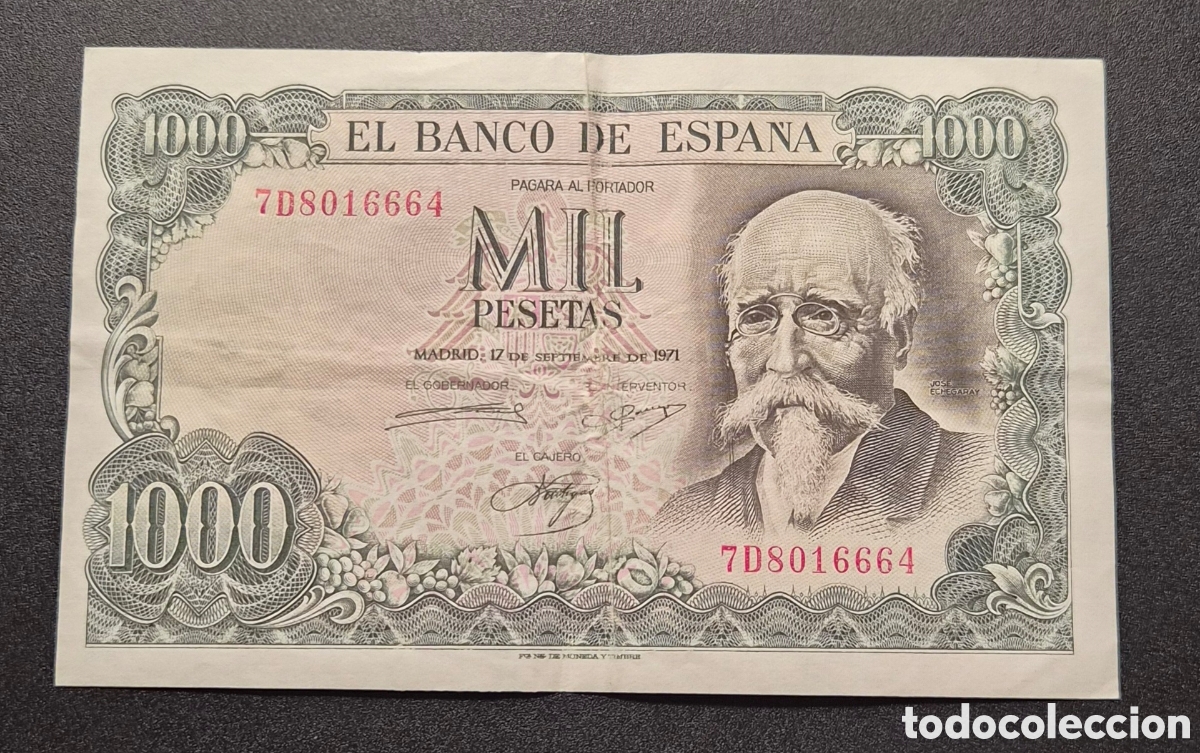 Billetes espa&ntilde;oles: 1000 pesetas 1971 Jos&eacute; Echegaray &ndash; serie 7D &ndash; banco de espa&ntilde;a &ndash; centenario 1874-1974