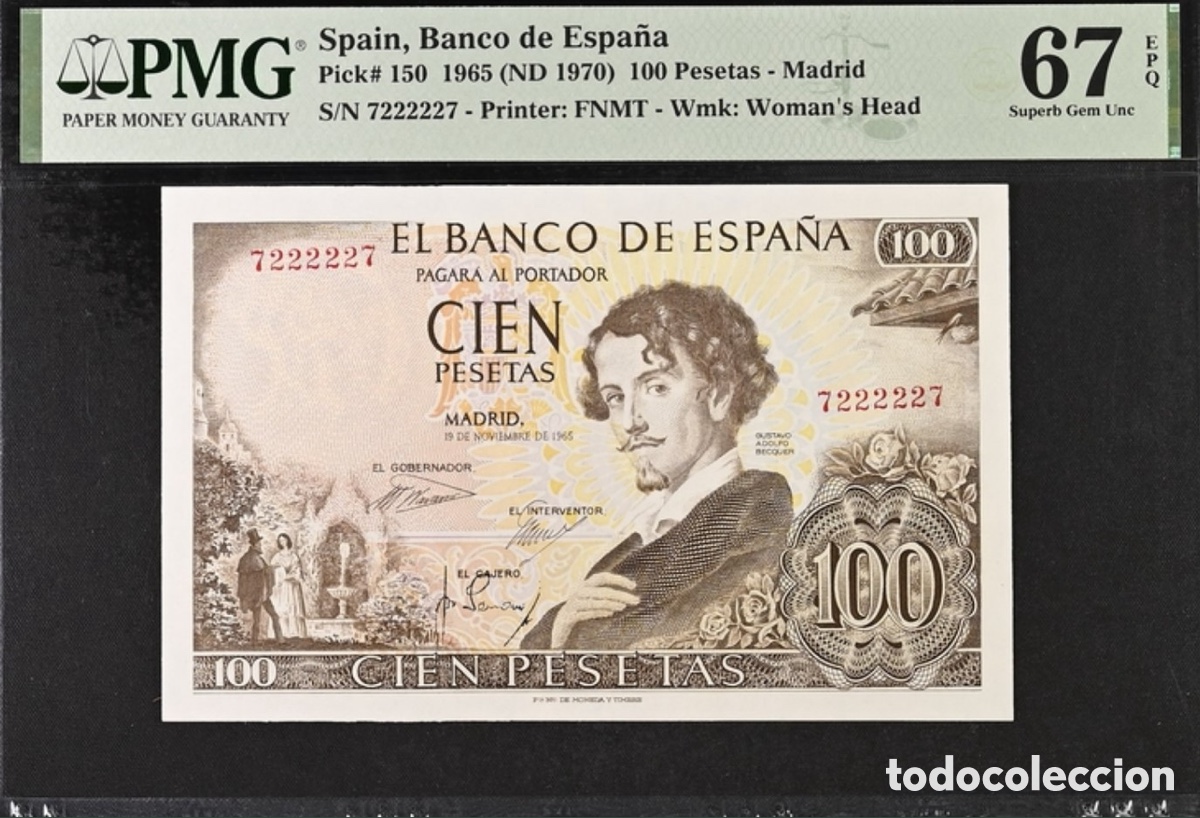 Billetes espa&ntilde;oles: Billete 100 Pesetas 1965 PMG 67 Sin Serie CAPIC&Uacute;A