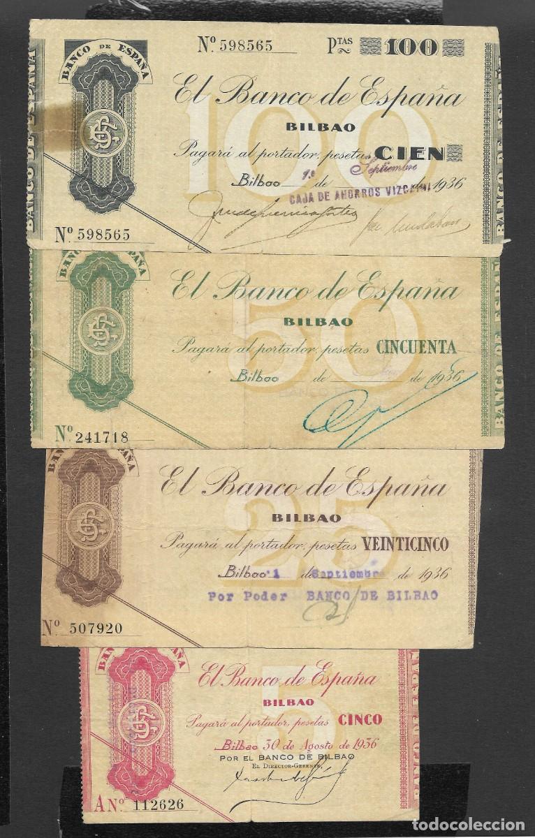 Billets espagnols: 4 BILLETES 5-25-50-100 PESETAS 1936 BILBAO MBC