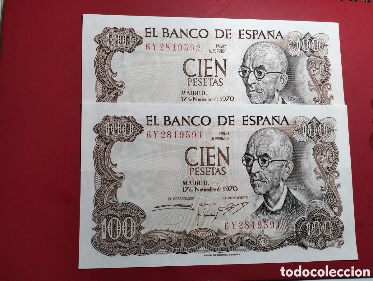 Billetes espa&ntilde;oles: 1970 Banco de Espa&ntilde;a 100 Pesetas Serie 6Y. Pareja.
