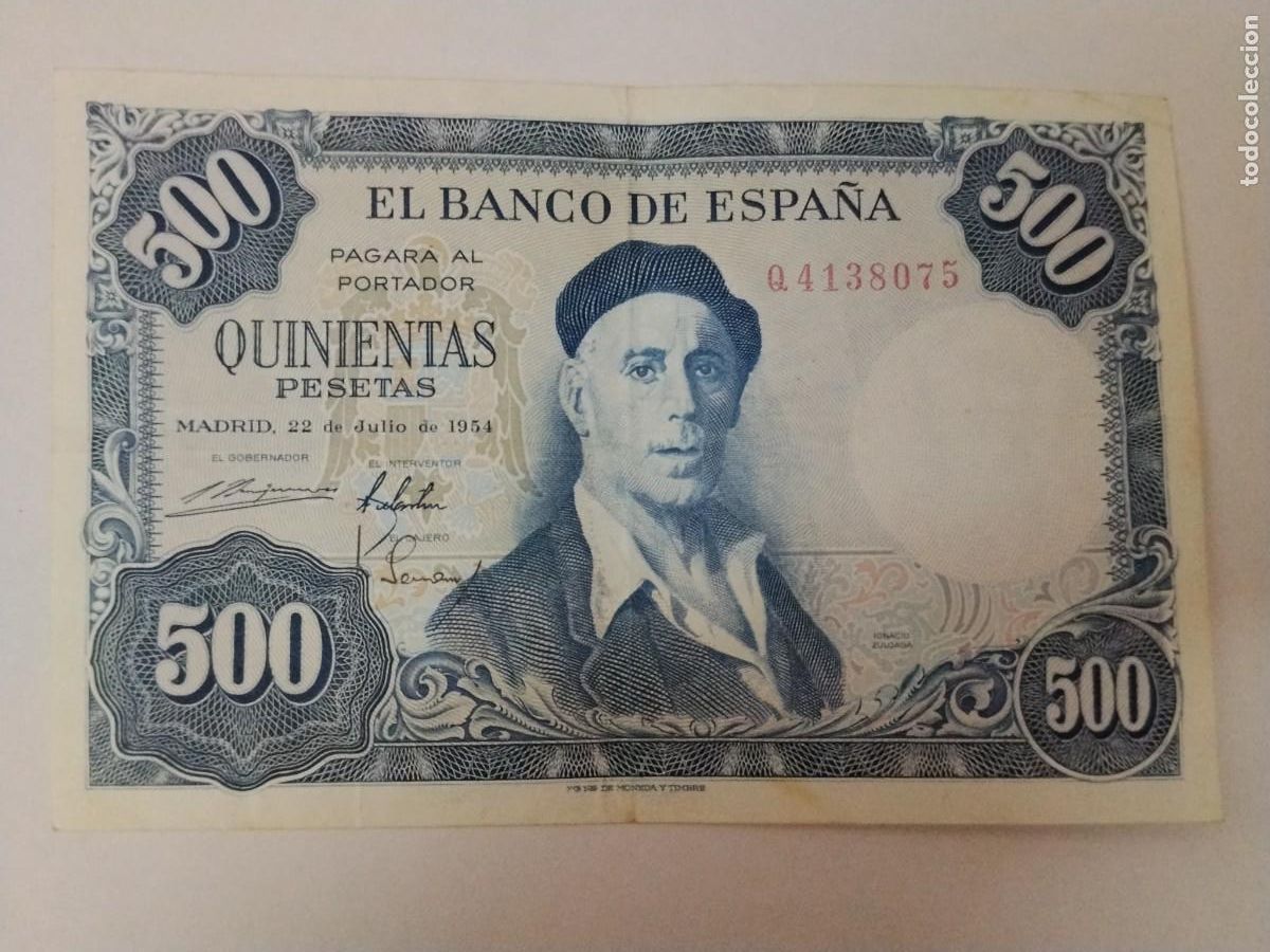 Billetes espa&ntilde;oles: 1 BILLETE 500 PESETAS IGNACIO ZULOAGA Q4138075 A&Ntilde;O 1954