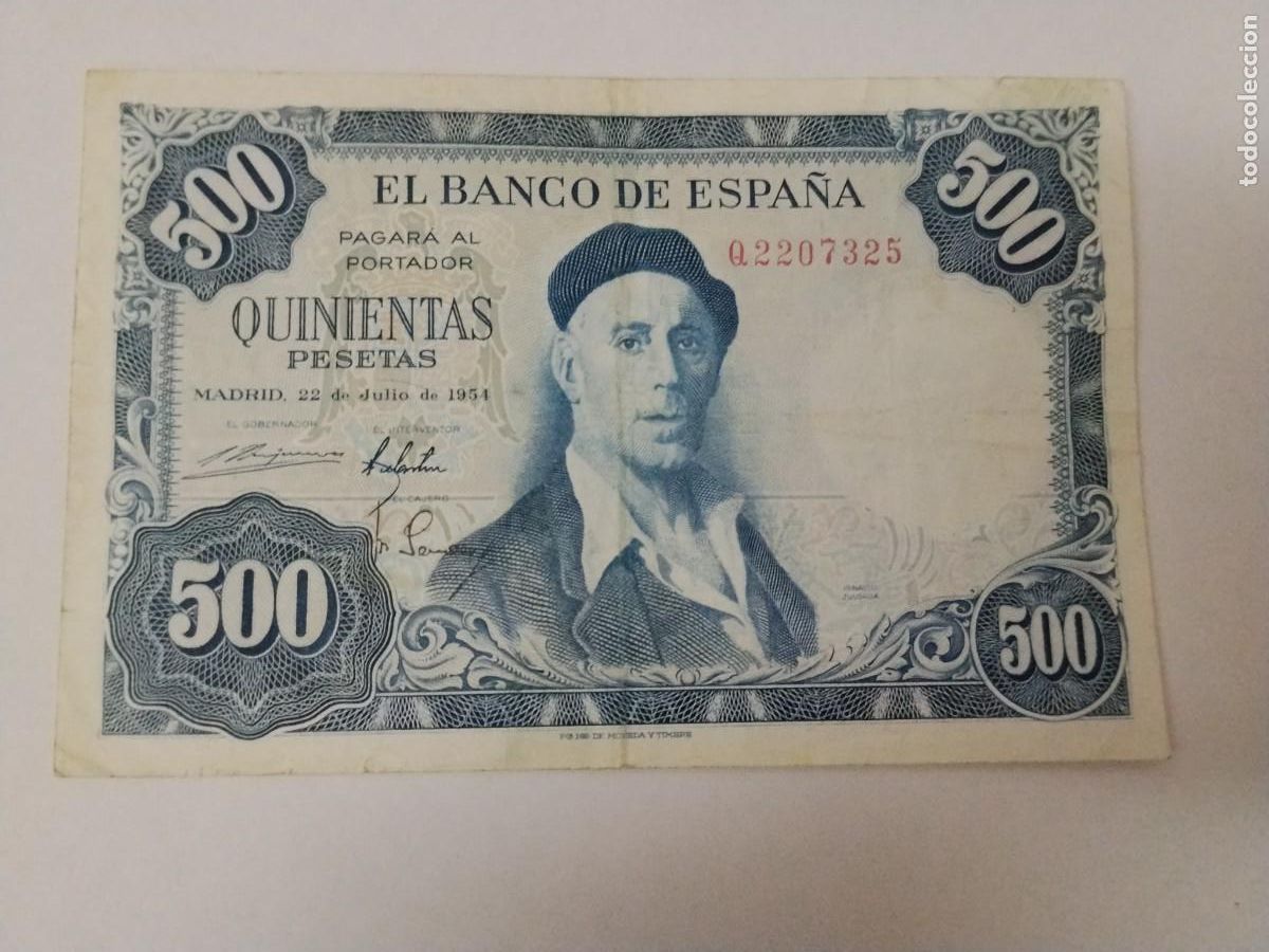 Billetes espa&ntilde;oles: 1 BILLETE 500 PESETAS IGNACIO ZULOAGA Q2207325 A&Ntilde;O 1954