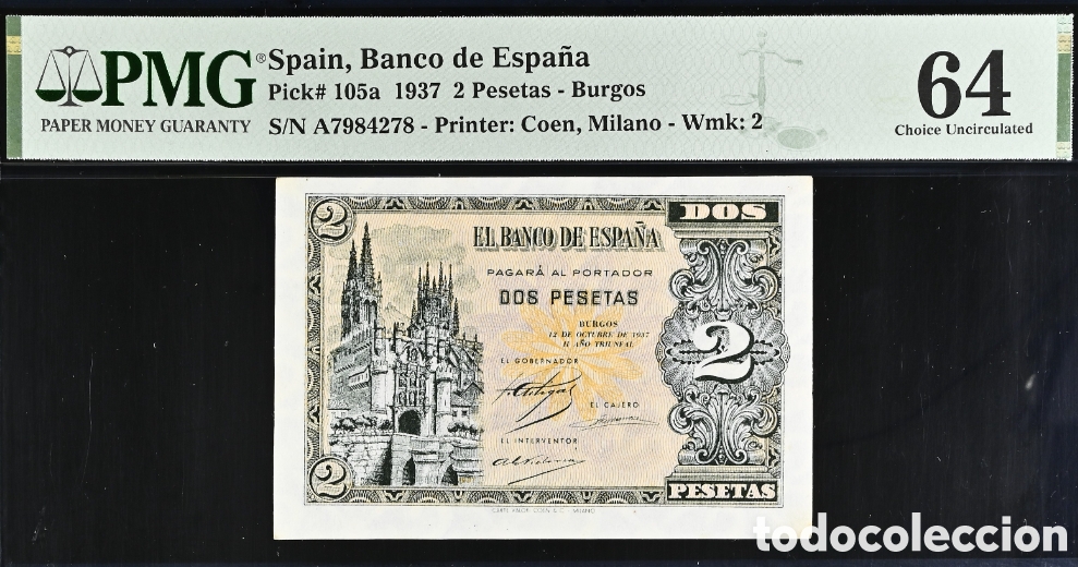 Billetes espa&ntilde;oles: Billete 2 PESETAS 1937 -BURGOS- PMG 64, serie A
