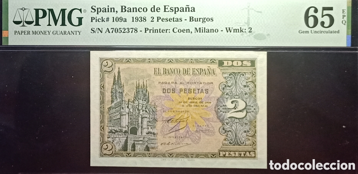 Billetes espa&ntilde;oles: Billete 2 PESETAS 1938 -BURGOS- PMG 65 EPQ, serie A